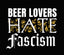 Beer Lovers Hate Fascism Car Window Decal with bold text and floral designs on a black background.