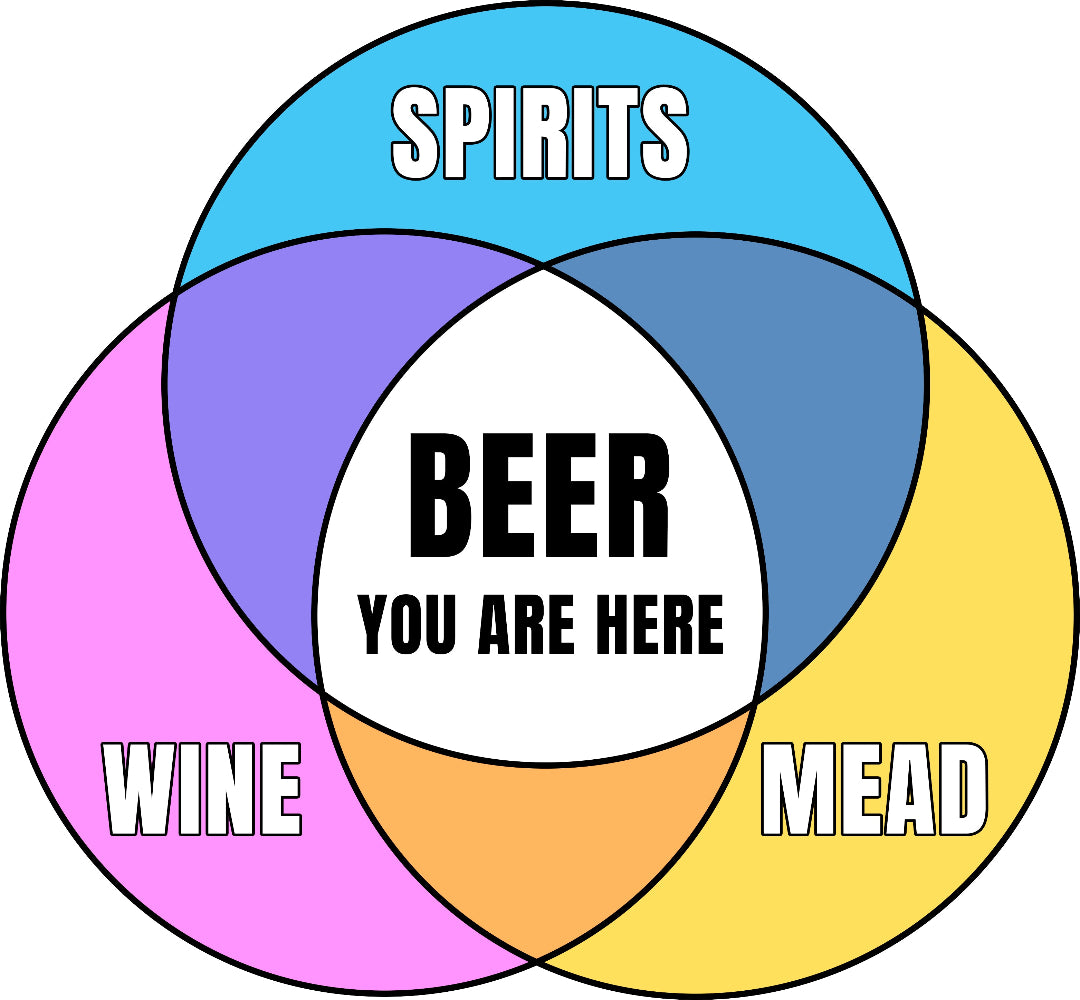 Colorful graphic Venn diagram of wine, mead, spirits, and Beer You Are Here in center on white background