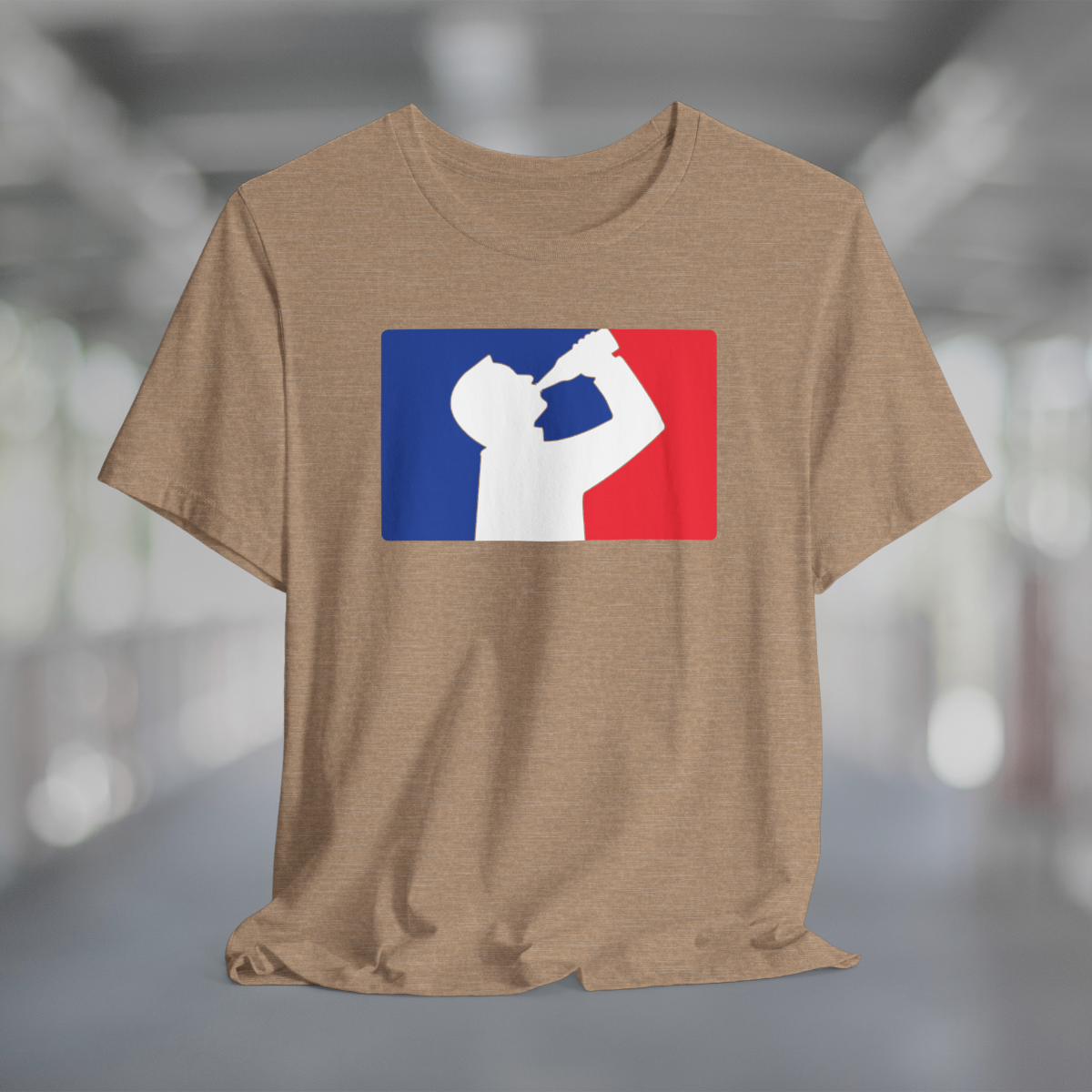 Heather tan t-shirt with white silhouette of man drinking beer with red and blue background, like professional sports logo