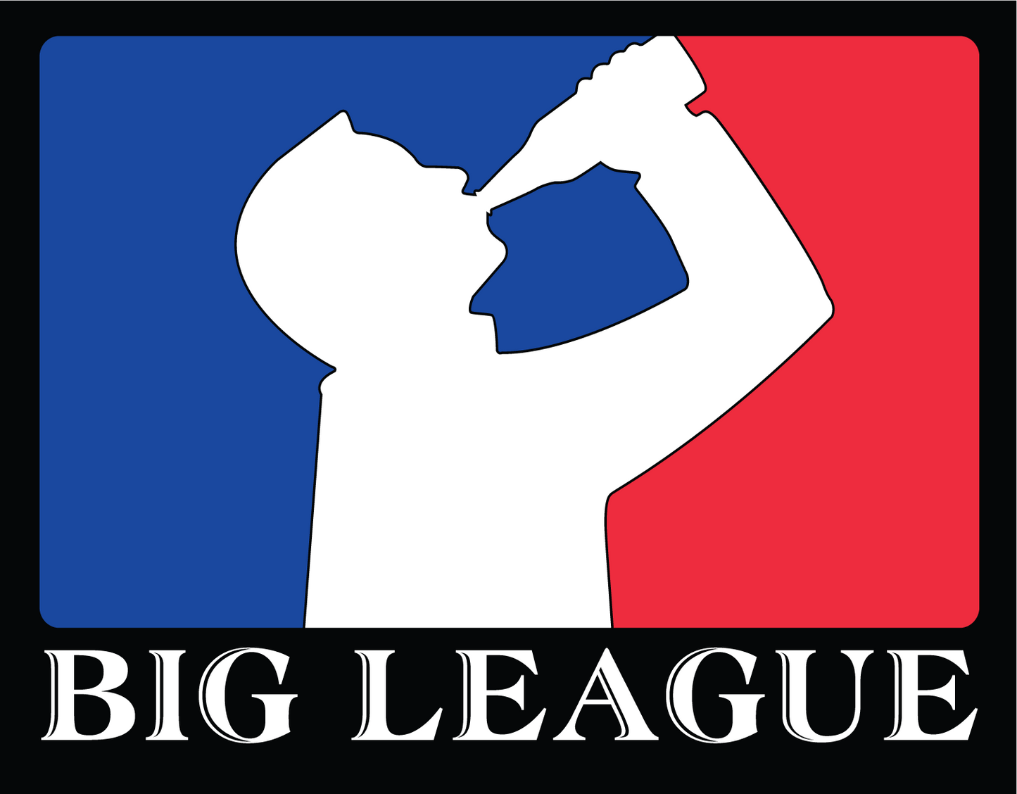 Decal sticker of silhouette man drinking beer with red and blue background, like professional sports logo, and words Big League underneath