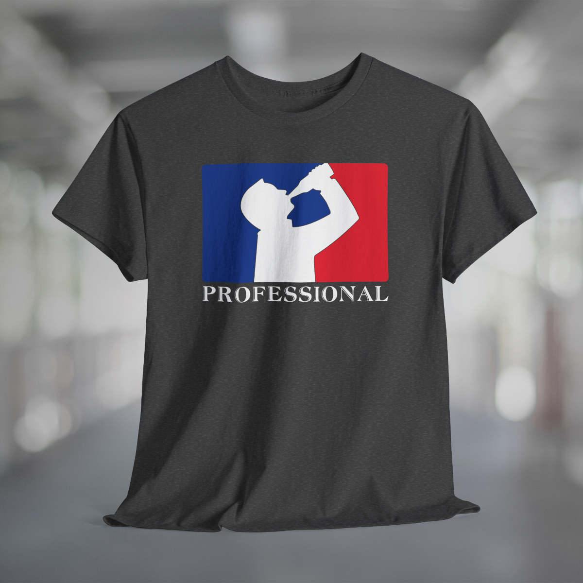 Heather charcoal gray t-shirt with white silhouette of man drinking beer with red and blue background, like professional sports logo, and word Professional underneath