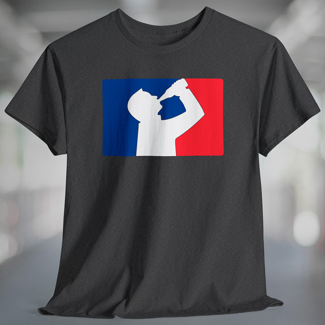Heather charcoal gray t-shirt with white silhouette of man drinking beer with red and blue background, like professional sports logo.