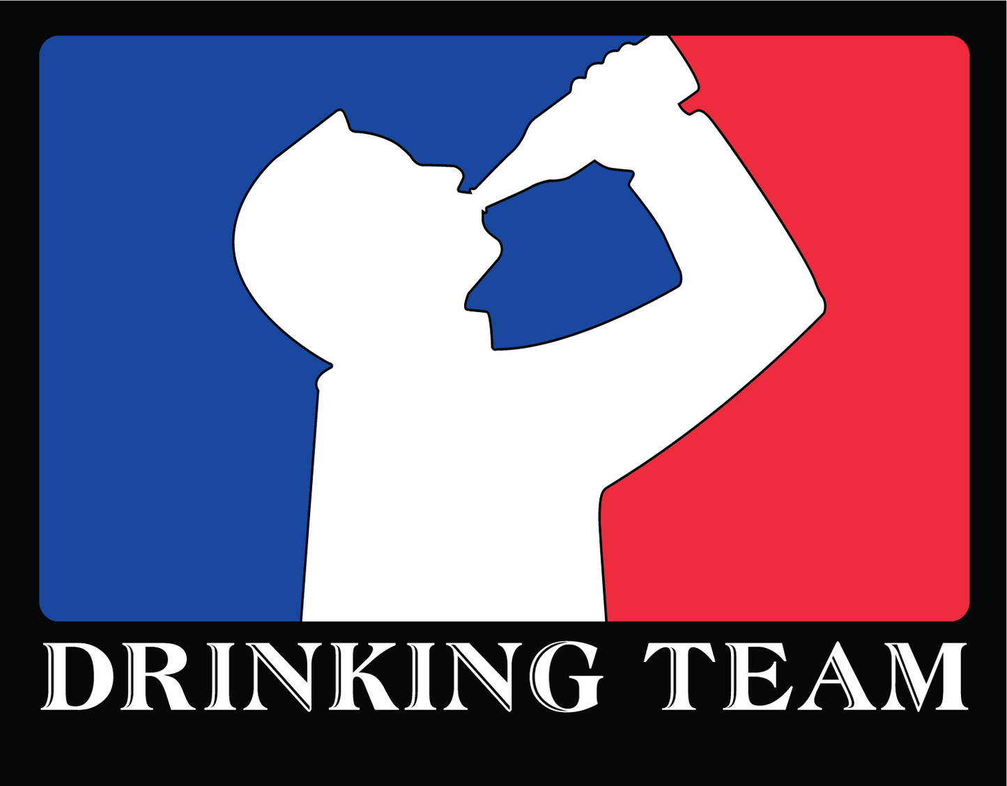 Decal sticker of silhouette man drinking beer with red and blue background, like professional sports logo, and words Drinking Team underneath