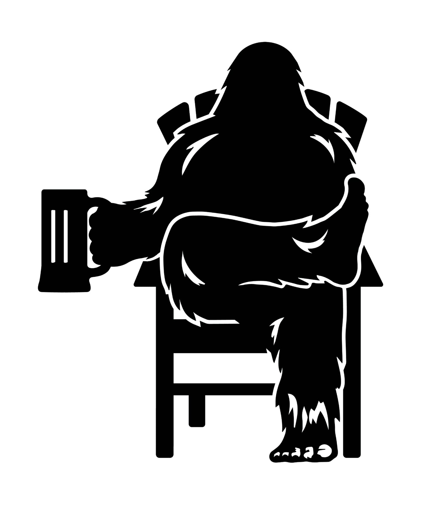 Black silhouette of Bigfoot relaxing in a chair and enjoying a mug of beer.