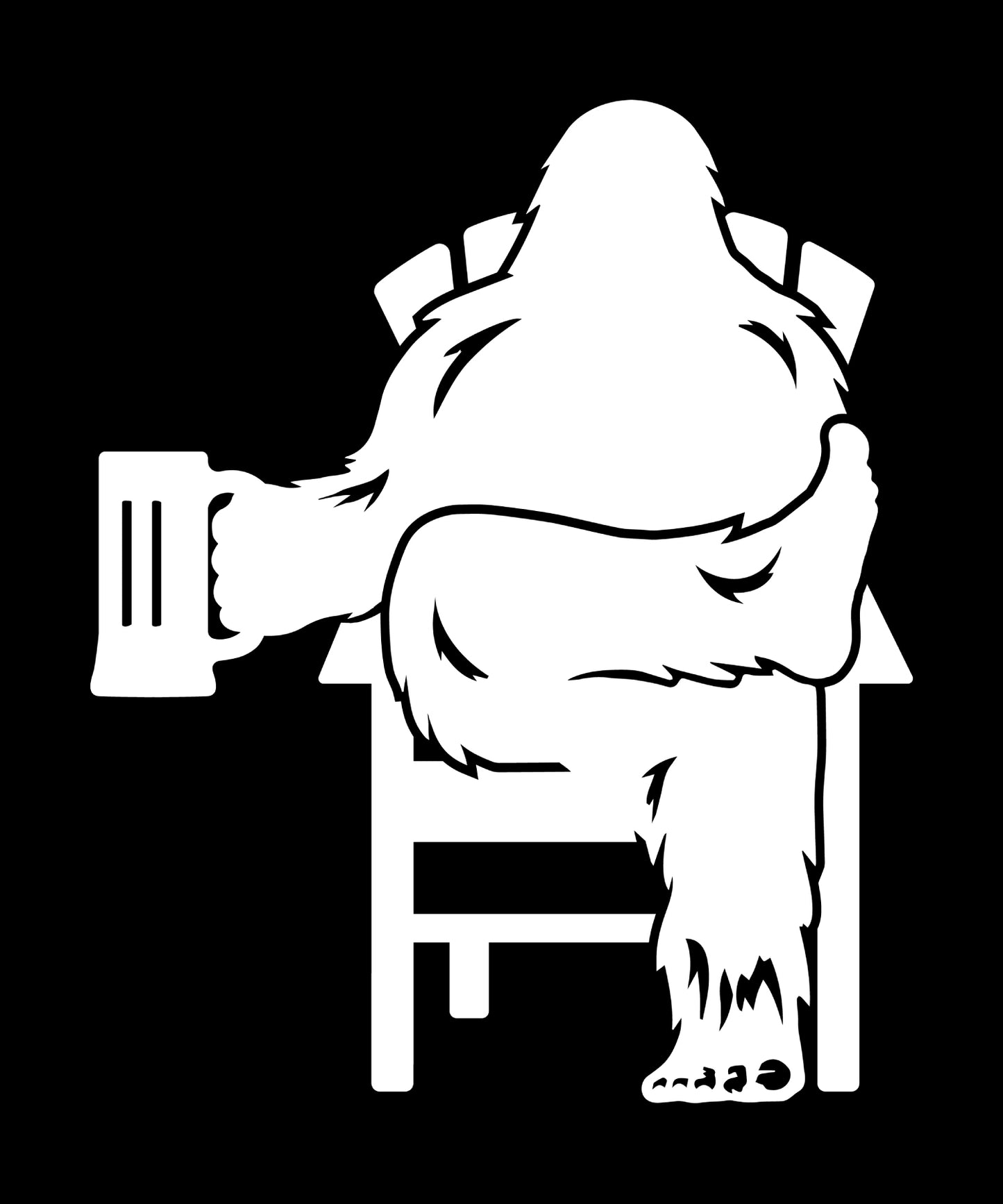 white graphic of Bigfoot relaxing in a chair holding a beer mug.
