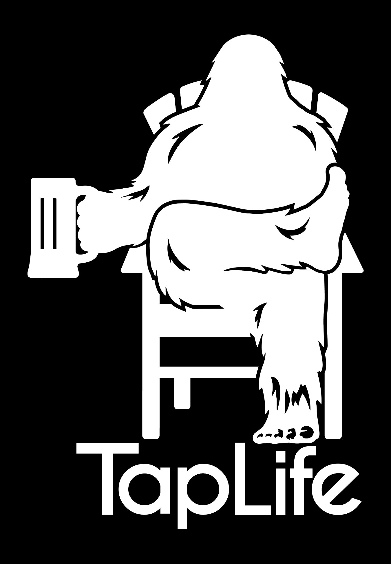 White decal of Bigfoot relaxing in a chair, holding a beer mug, with Tap Life logo below.