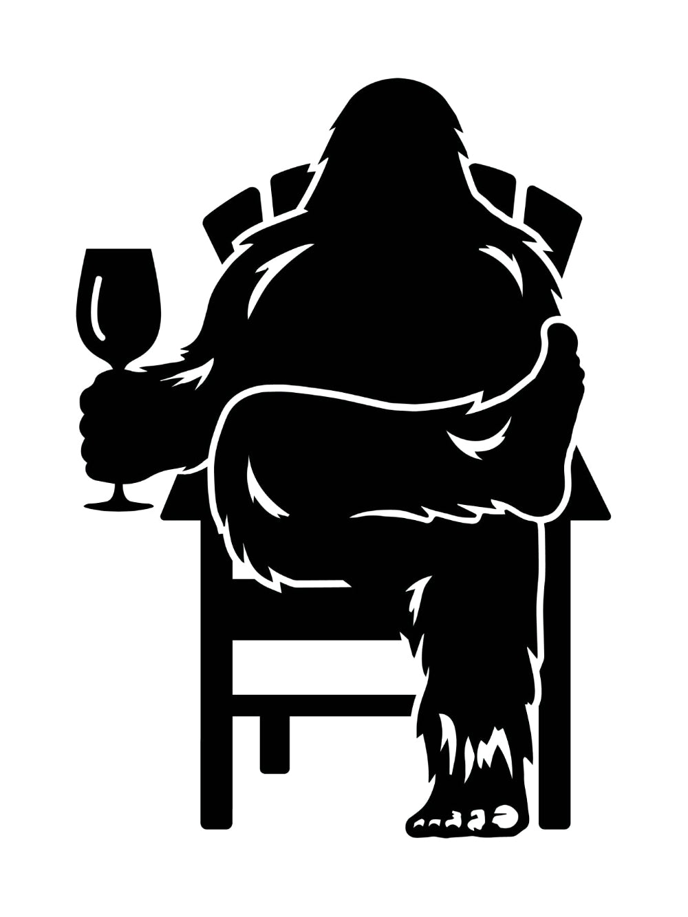 Black decal of Bigfoot relaxing in a chair and enjoying a glass of wine.