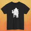 Black t-shirt with white print of Bigfoot relaxing in a chair and enjoying a glass of wine.