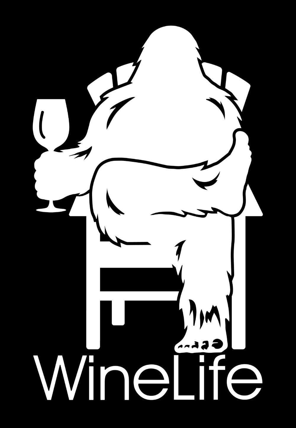 White decal of Bigfoot relaxing in a chair and enjoying a glass of wine, Wine Life logo below.
