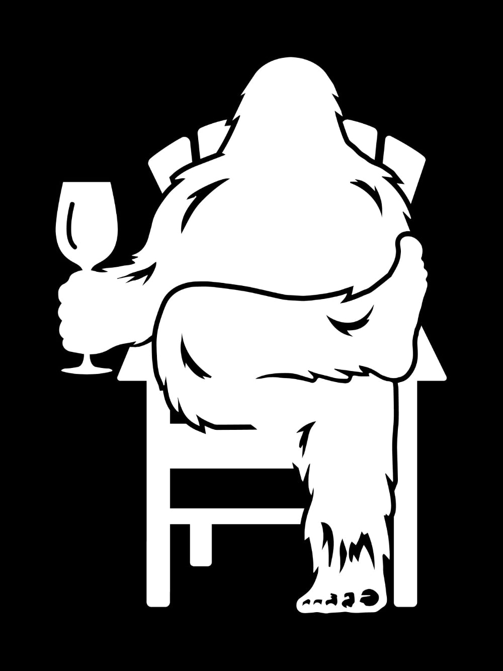 White decal of Bigfoot relaxing in a chair and enjoying a glass of wine