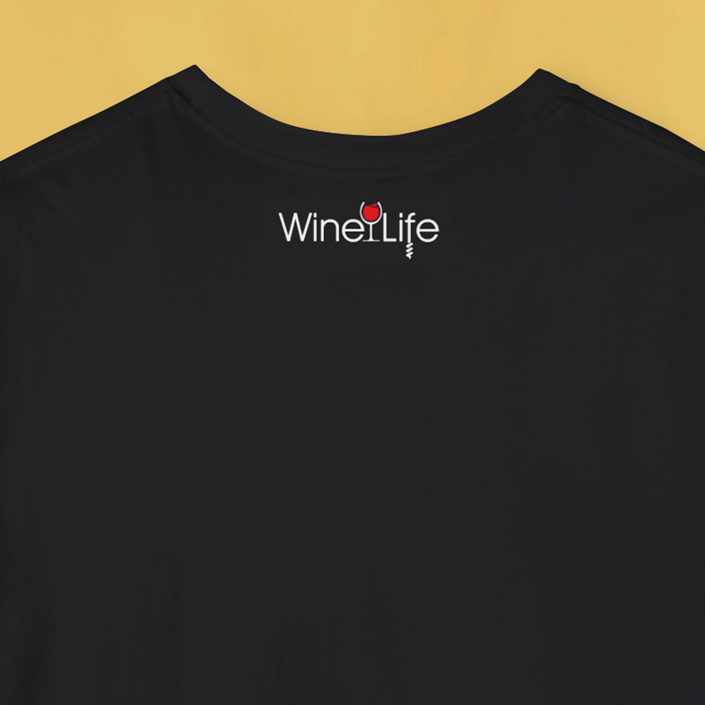 Back neckline of black shirt with red wine glass Wine Life logo