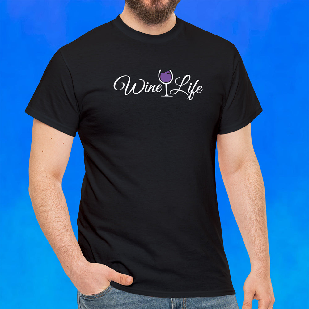 Man wearing black t-shirt with wine life written in swirly script letters, and a glass of purple wine