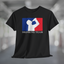 Black t-shirt with white silhouette of man drinking beer with red and blue background, like professional sports logo, and words Drinking Team underneath