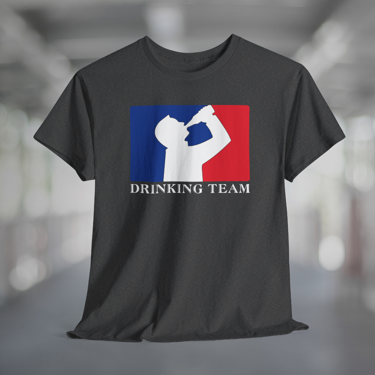 Heather charcoal gray t-shirt with white silhouette of man drinking beer with red and blue background, like professional sports logo, and words Drinking Team underneath