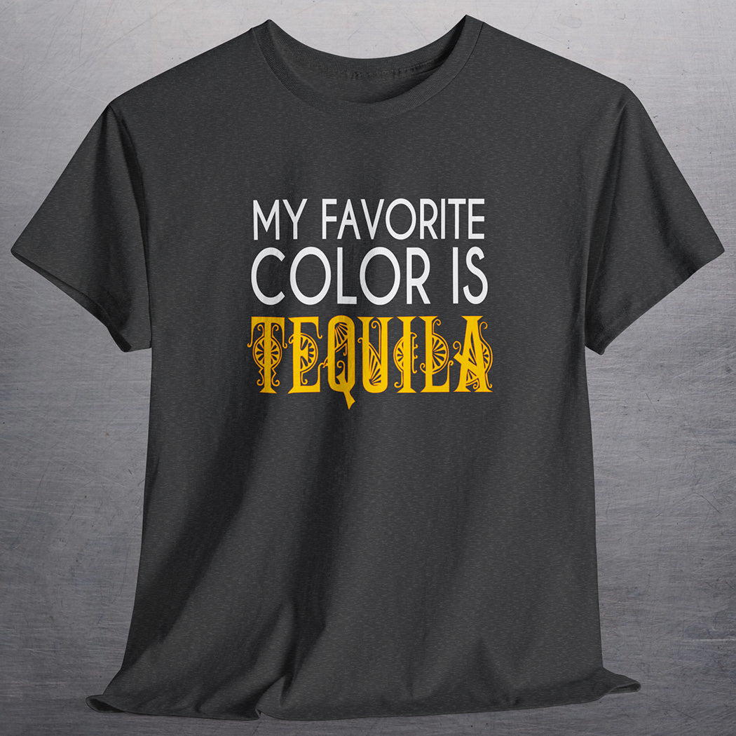 Heather charcoal gray t-shirt with white and yellow text that says My Favorite Color is Tequila