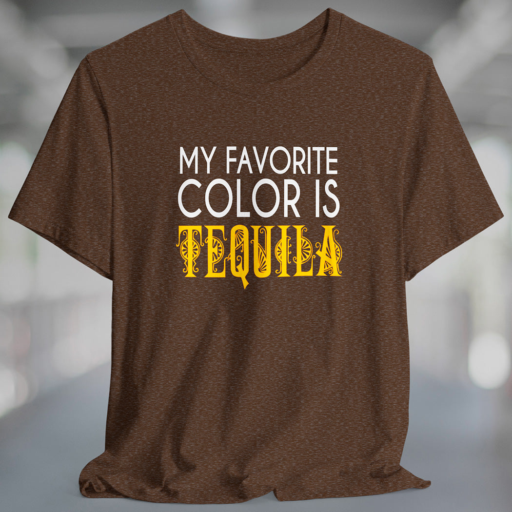 Heather brown t-shirt with white and yellow text My Favorite Color is Tequila