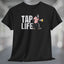Black t-shirt with 'Tap Life' text and Bigfoot wearing a Hawaiian shirt and holding a beer