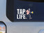Hawaiian Bigfoot Beer Car Window Decal featuring Bigfoot with beer and Hawaiian shirt, TAP LIFE theme.