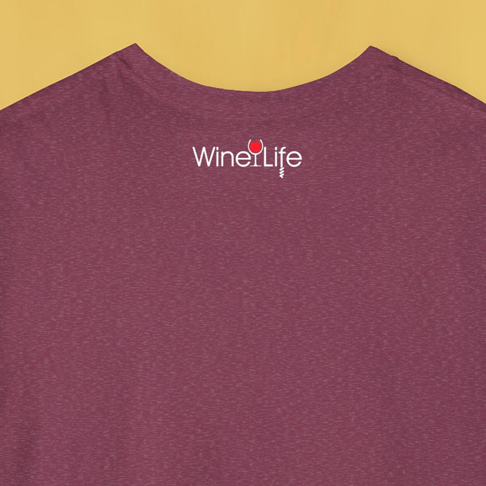 Heather red maroon t-shirt back, with small wine life logo at neckline
