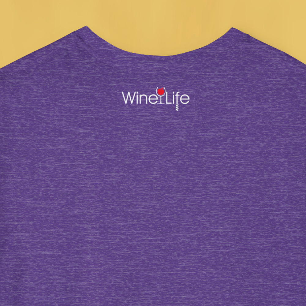 Heather purple t-shirt back, with small wine life logo at neckline.