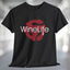 A black t-shirt with the Wine Life logo and a red retro 45 record adapter graphic
