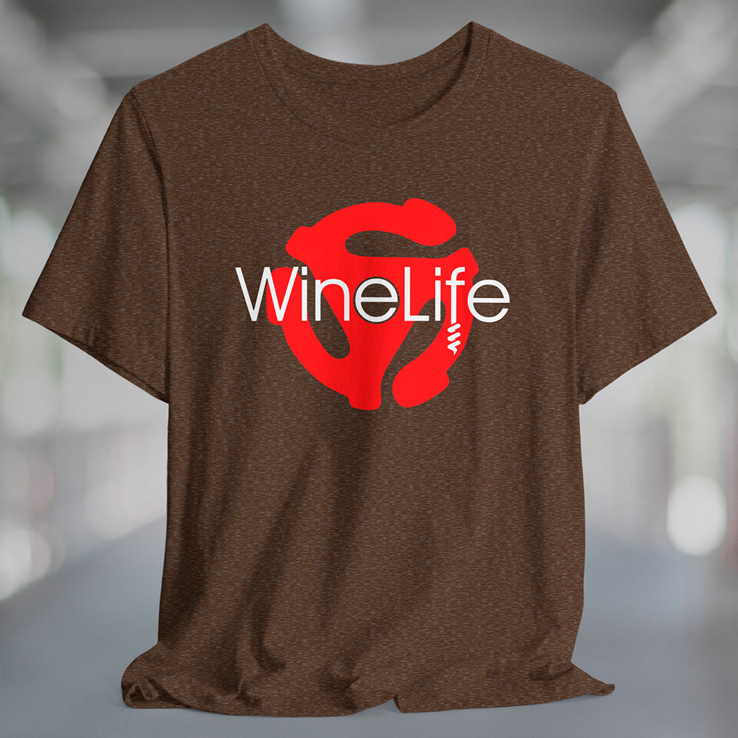 A heather brown t-shirt with the Wine Life logo and a red retro 45 record adapter