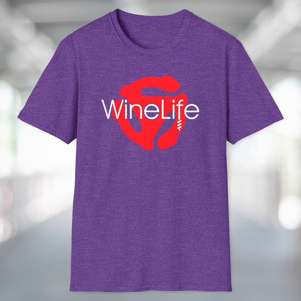 A heatherpurple t-shirt with the Wine Life logo and a red retro 45 record adapter
