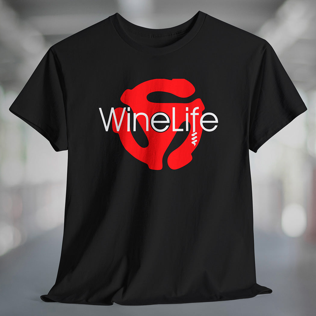 A black t-shirt with the Wine Life logo and a red retro 45 record adapter graphic