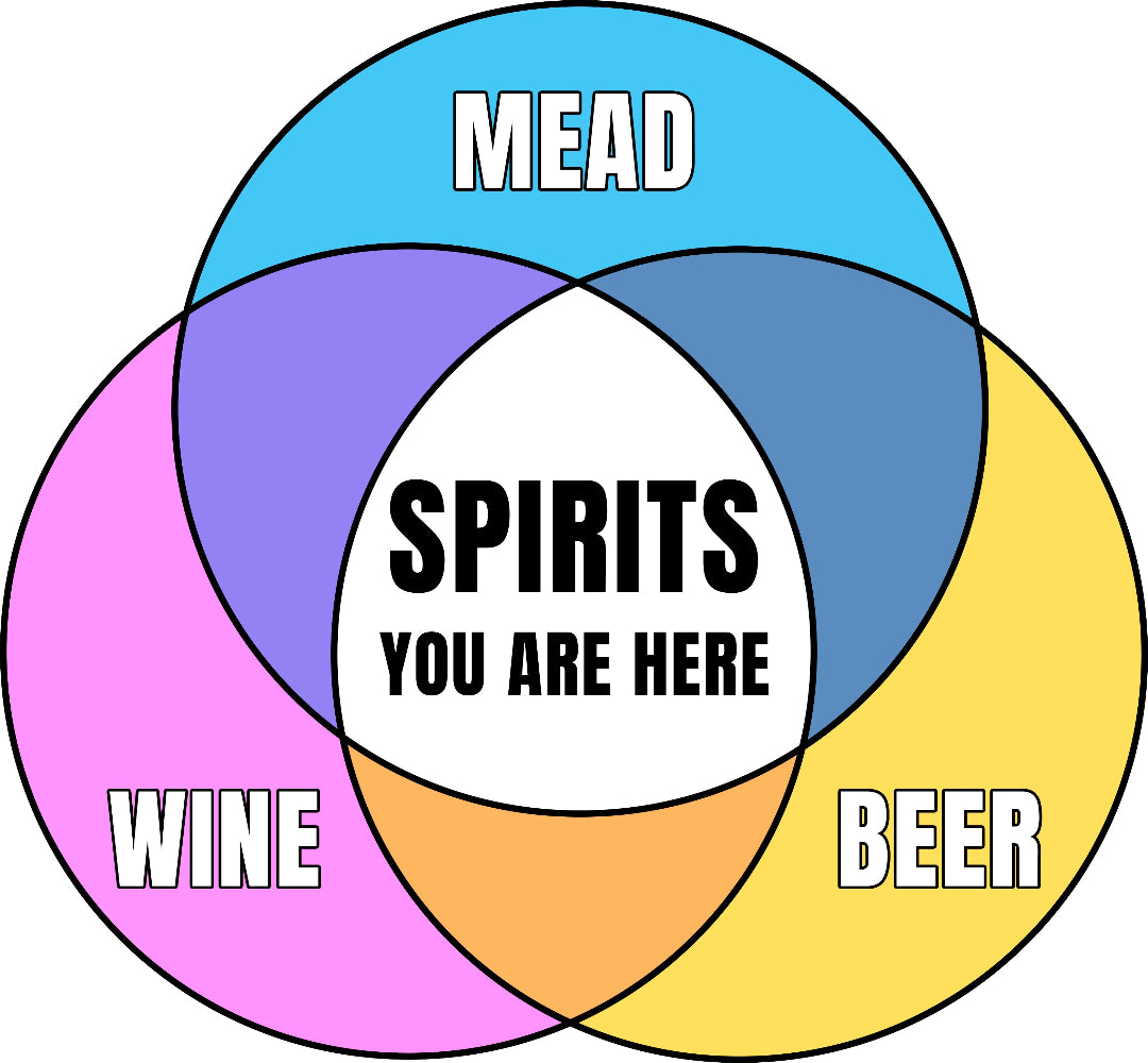 Colorful graphic Venn diagram of wine, beer, mead, and Spirits You Are Here in center on white background