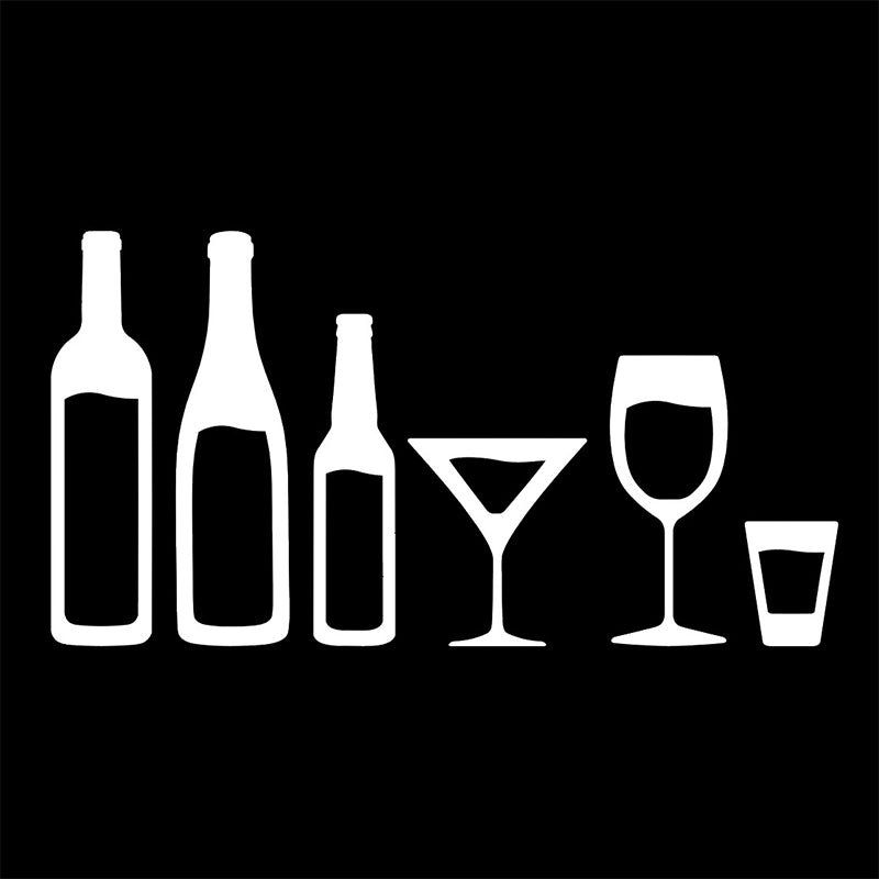 White decal silhouettes of wine bottles, beer bottle, a martini glass, wine glass, and shot glass