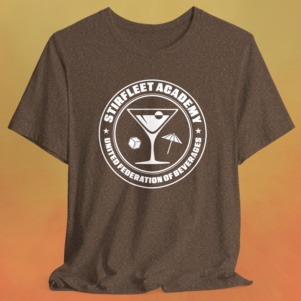 Heather brown t-shirt, with white United Federation of Beverages Stirfleet Academy logo, martini glass ice cube umbrella graphic on front of shirt.
