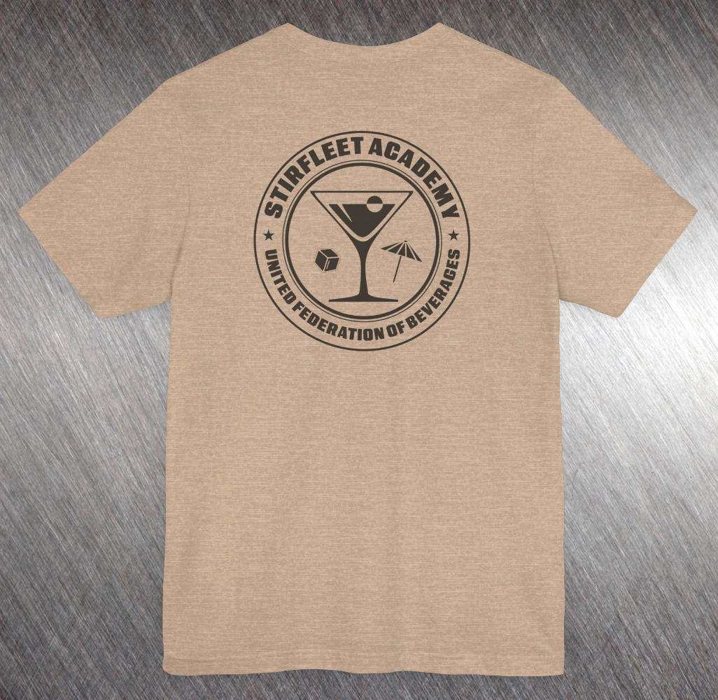 Heather tan t-shirt, with black United Federation of Beverages Stirfleet Academy logo, martini glass ice cube umbrella graphic on back of shirt.
