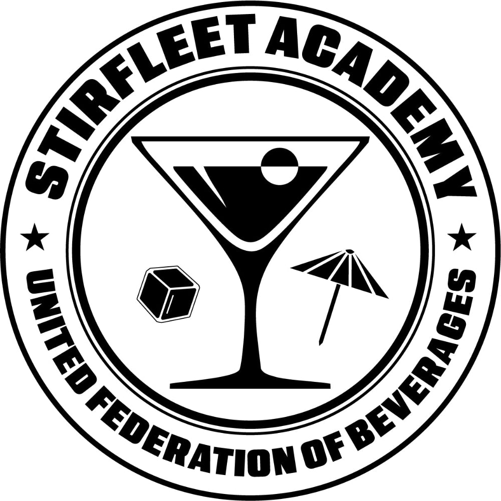 Black United Federation of Beverages Stirfleet Command logo on white background, martini glass with ice cube and umbrella.