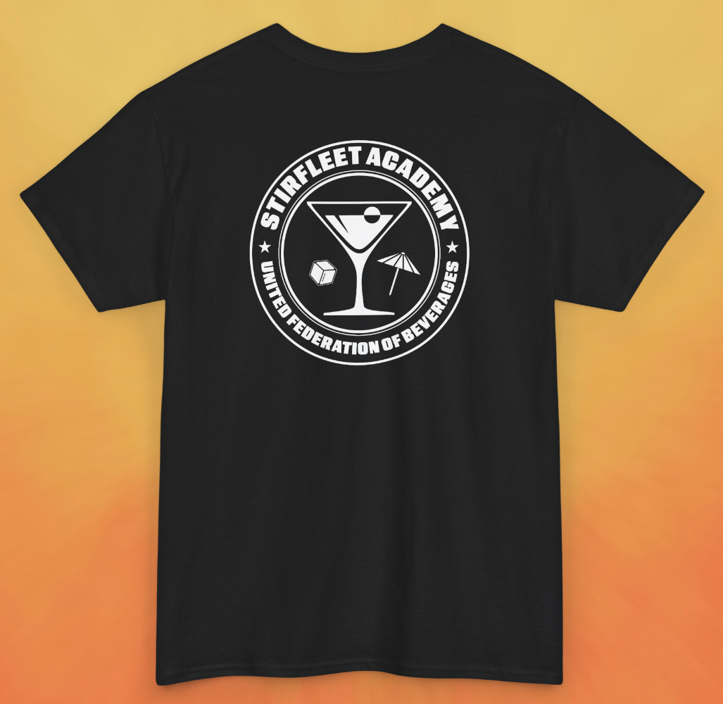 black t-shirt, with white United Federation of Beverages Stirfleet Academy logo, martini glass ice cube umbrella graphic on back of shirt.