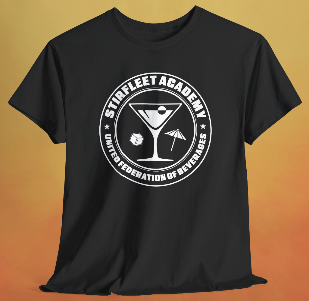Black t-shirt, with white United Federation of Beverages Stirfleet Academy logo, martini glass ice cube umbrella graphic on front of shirt.