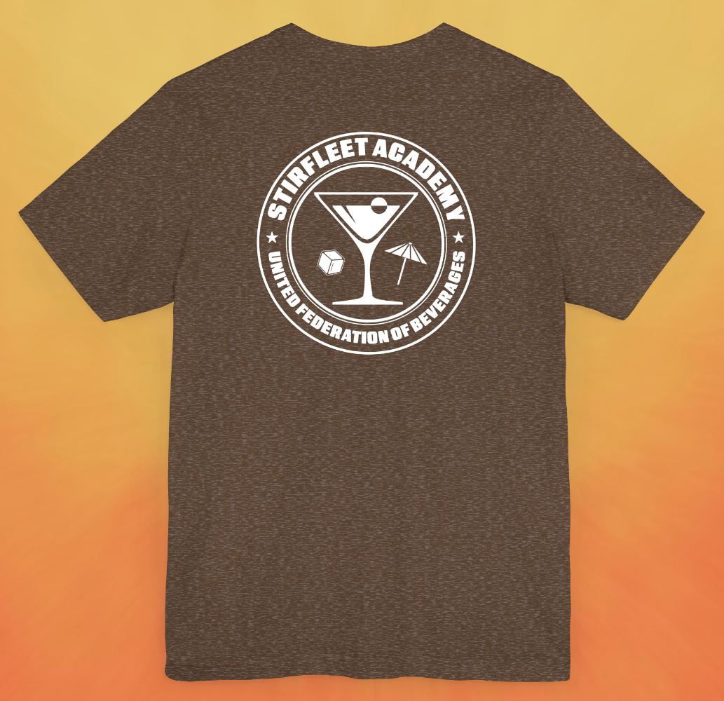 Heather brown t-shirt, with white United Federation of Beverages Stirfleet Command logo, martini glass with ice cube and umbrella graphic on back of shirt.