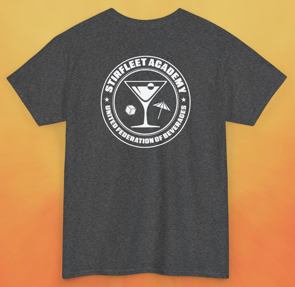 Heather charcoal gray t-shirt, with white United Federation of Beverages Stirfleet Academy logo, martini glass ice cube umbrella graphic on back of shirt.