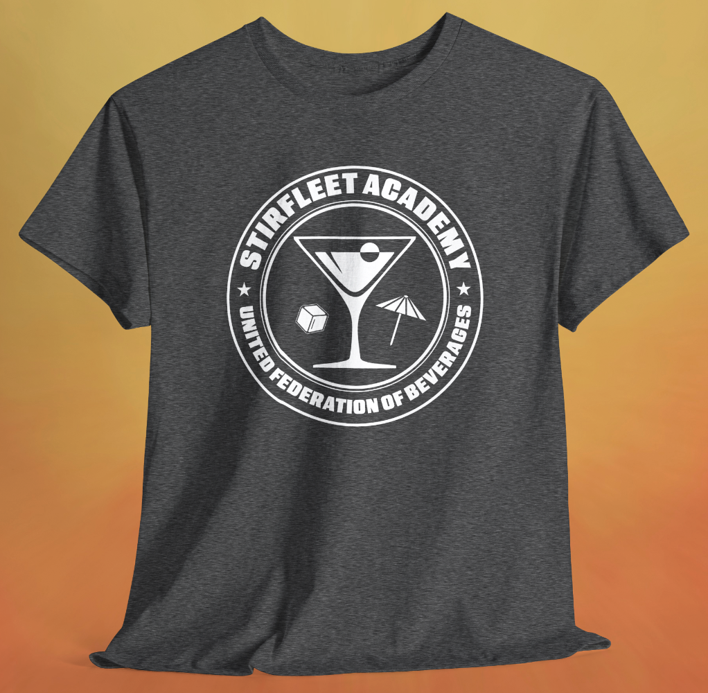 Heather charcoal gray t-shirt, with white United Federation of Beverages Stirfleet Academy logo, martini glass ice cube umbrella graphic on front of shirt.