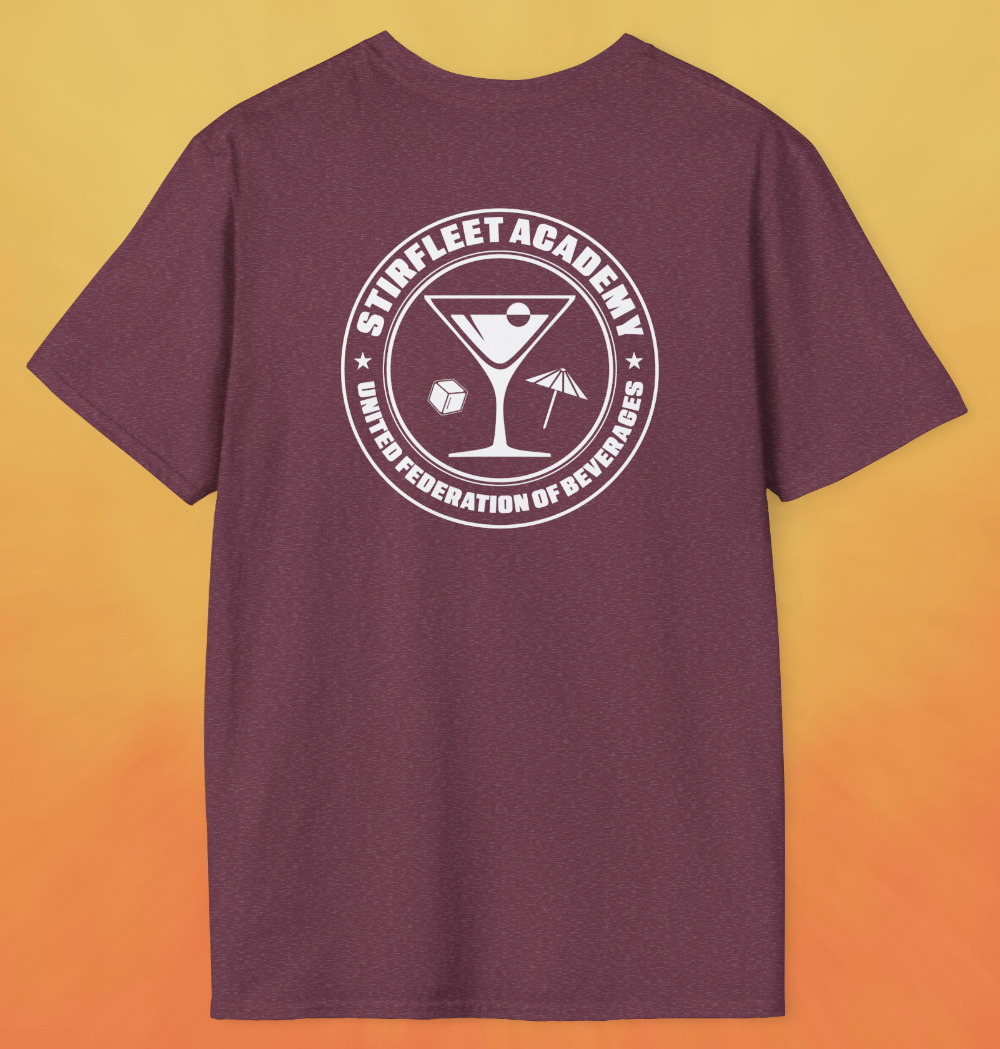 Heather red maroon t-shirt, with white United Federation of Beverages Stirfleet Academy logo, martini glass ice cube umbrella graphic on back of shirt.