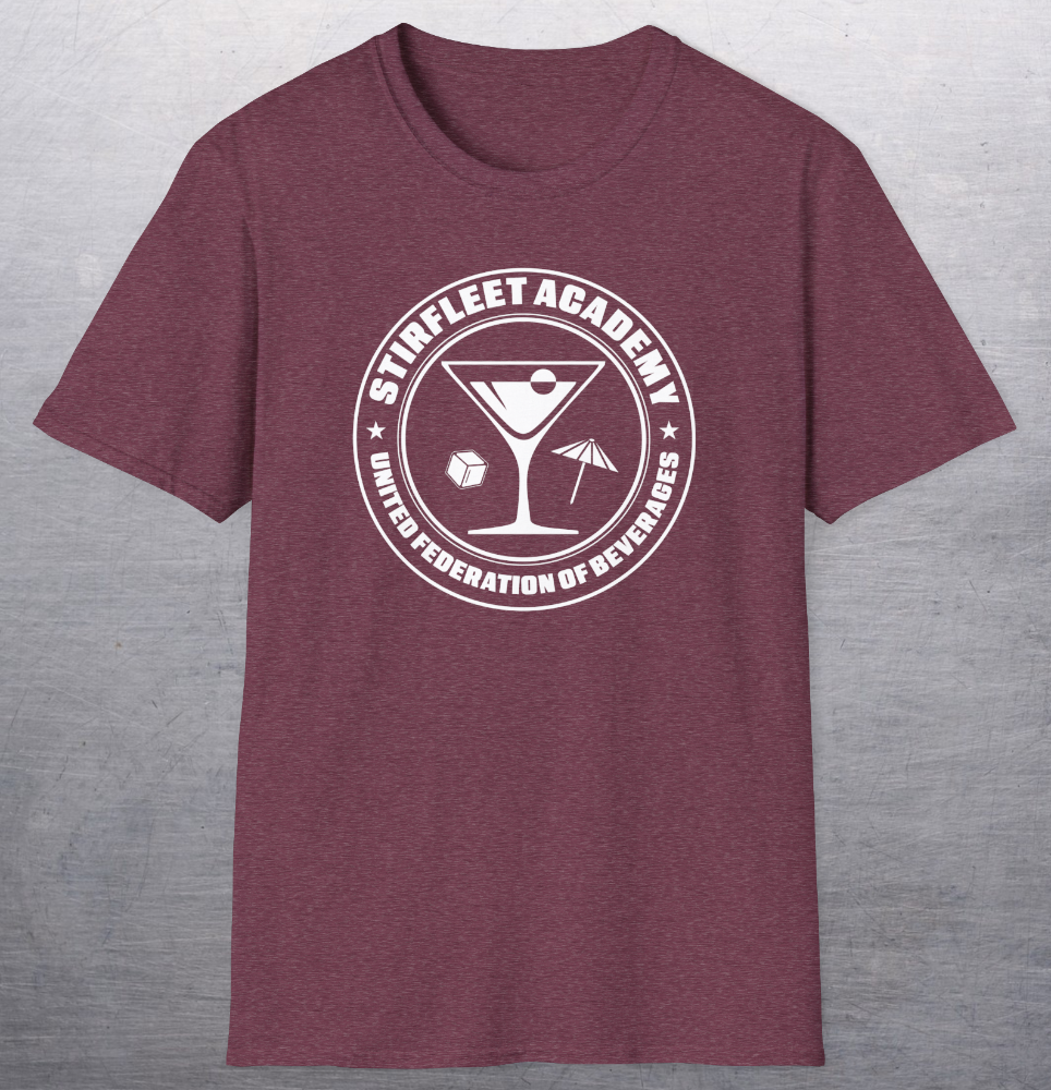 Heather red maroon t-shirt, with white United Federation of Beverages Stirfleet Academy logo, martini glass ice cube umbrella graphic on front of shirt.