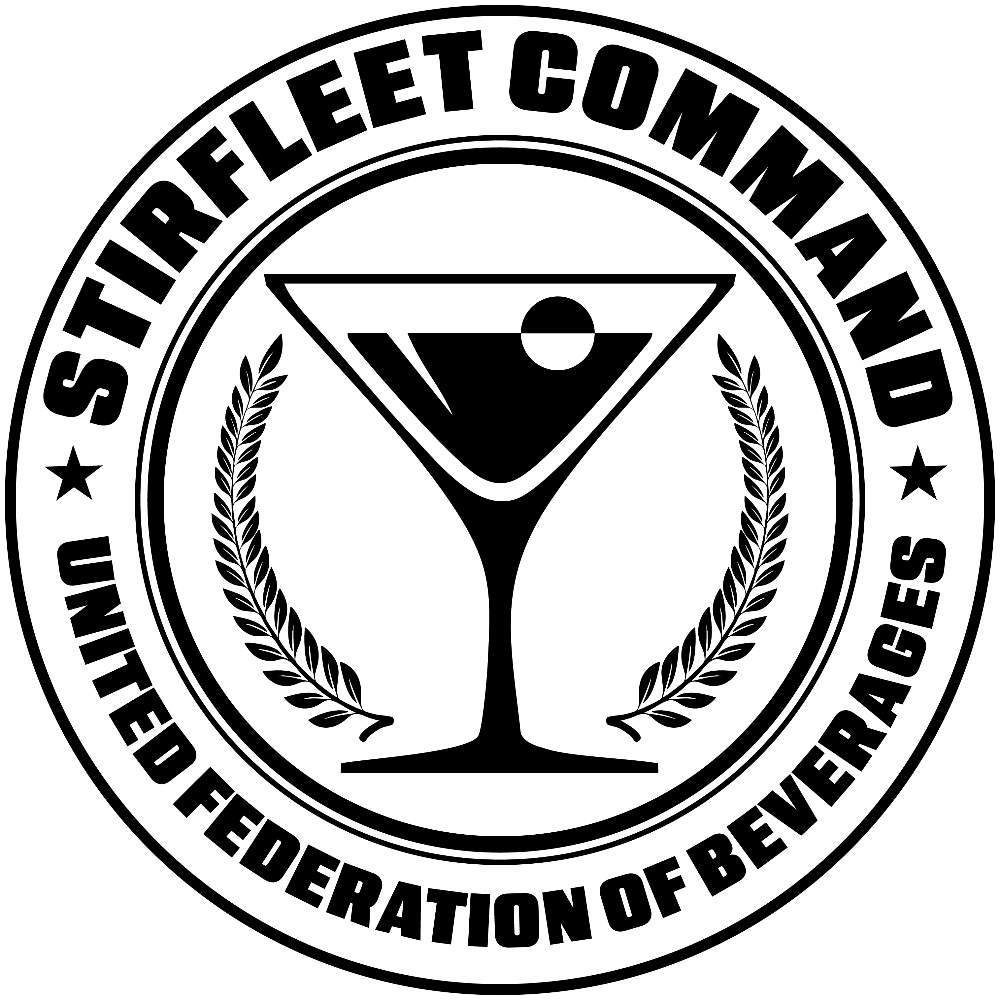 United Federation of Beverages Stirfleet Command logo, black graphic design on white background, with martini glass and olive branches