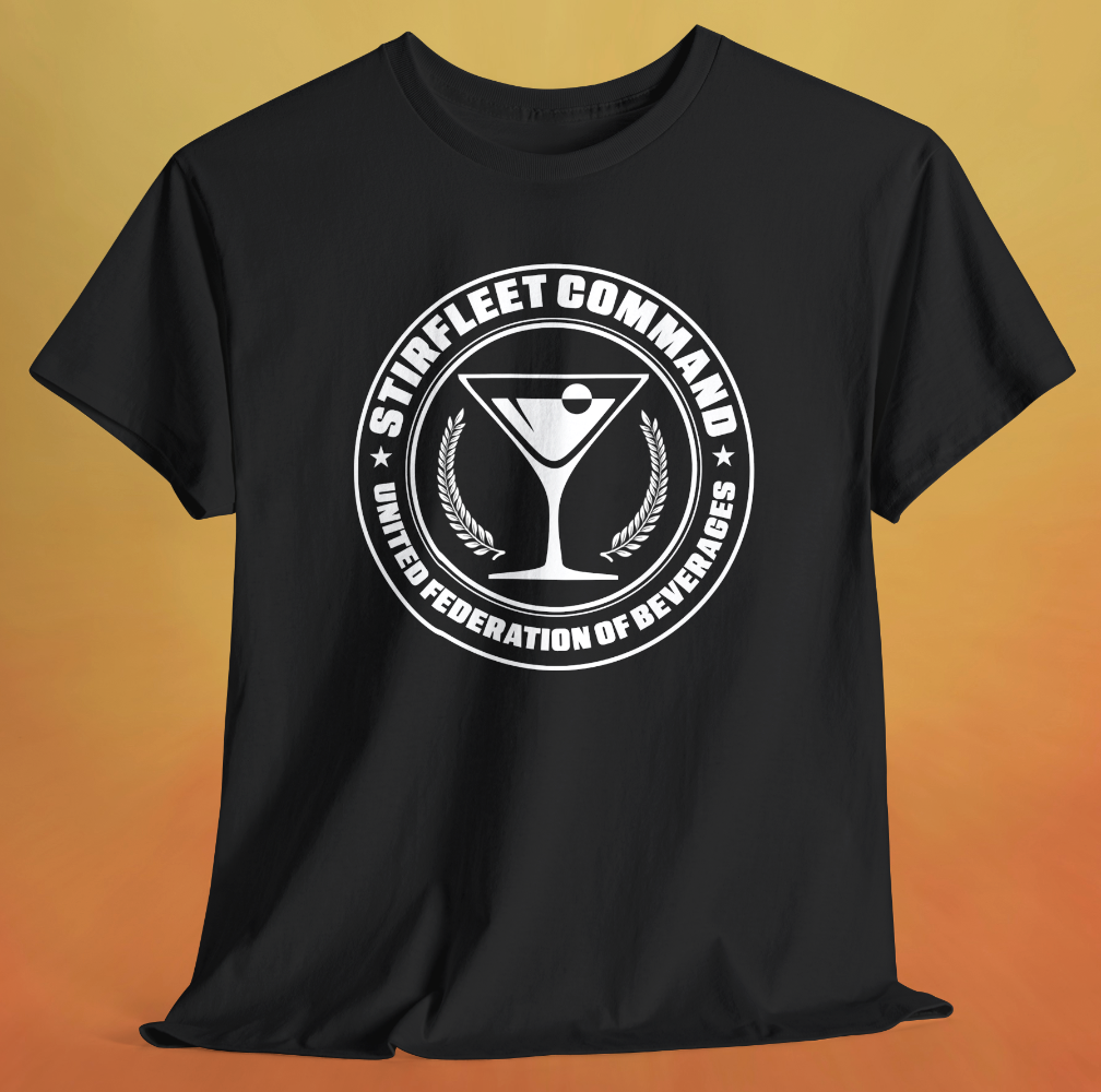 Black t-shirt, with white United Federation of Beverages Stirfleet Command logo, martini glass graphic on front of shirt.