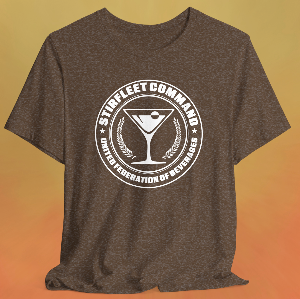 Heather brown t-shirt, with white United Federation of Beverages Stirfleet Command logo, martini glass graphic on front of shirt.