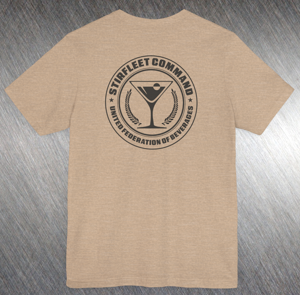 Heather tan t-shirt, with black United Federation of Beverages Stirfleet Command logo, martini glass graphic on back of shirt.