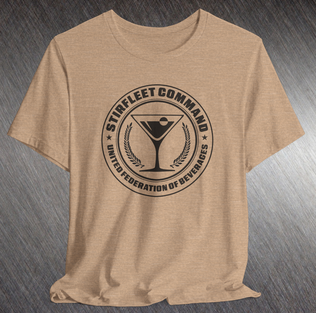 Heather tan t-shirt, with black United Federation of Beverages Stirfleet Command logo, martini glass graphic on front of shirt.