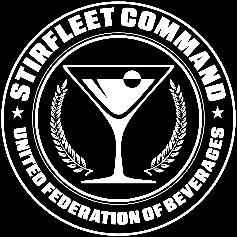 United Federation of Beverages Stirfleet Command logo, white graphic design on black background, with martini glass and olive branches