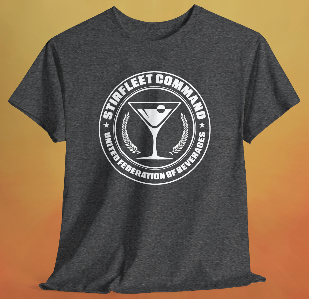 Heather charcoal gray t-shirt, with white United Federation of Beverages Stirfleet Command logo, martini glass graphic on front of shirt.