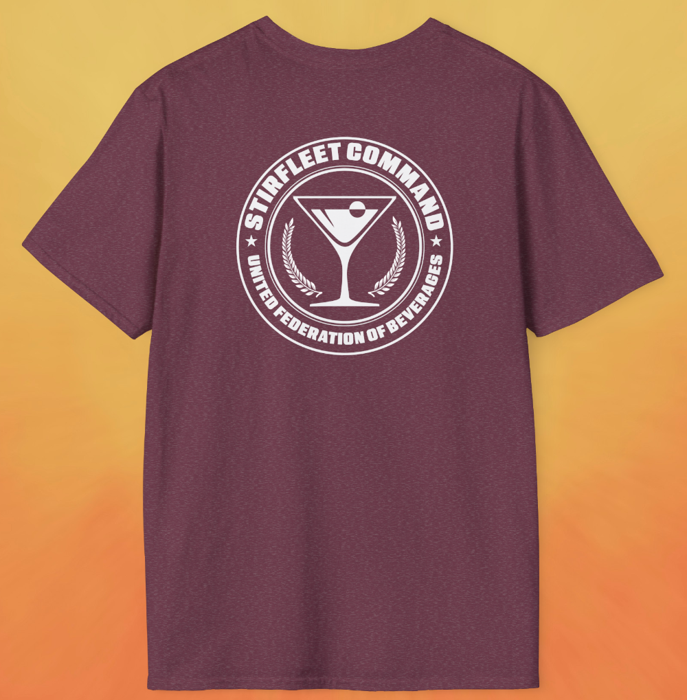 Heather red maroon t-shirt, with white United Federation of Beverages Stirfleet Command logo, martini glass graphic on back of shirt.