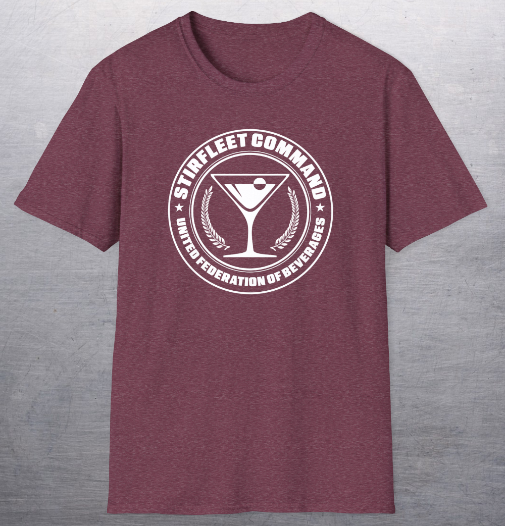 Heather red maroon t-shirt, with white United Federation of Beverages Stirfleet Command logo, martini glass graphic on front of shirt.