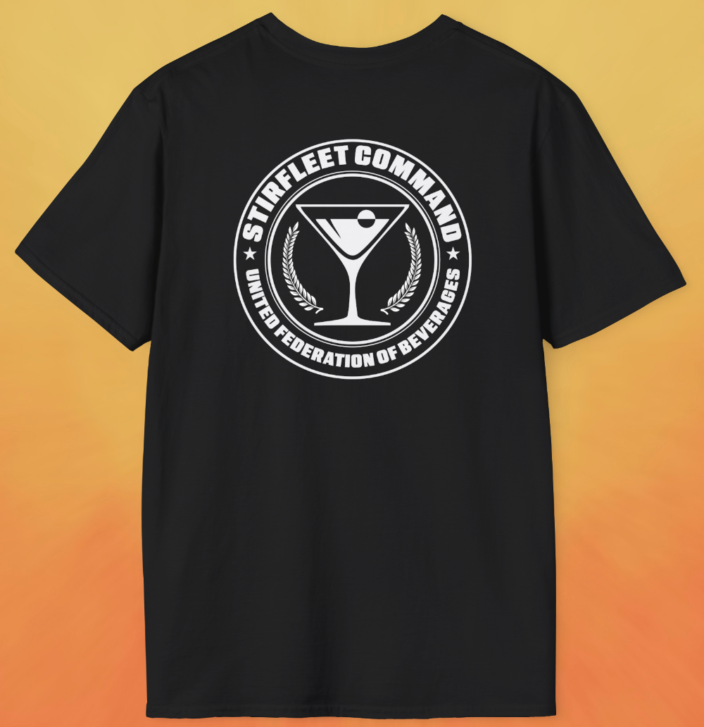 black t-shirt, with white United Federation of Beverages Stirfleet Command logo, martini glass graphic on back of shirt.